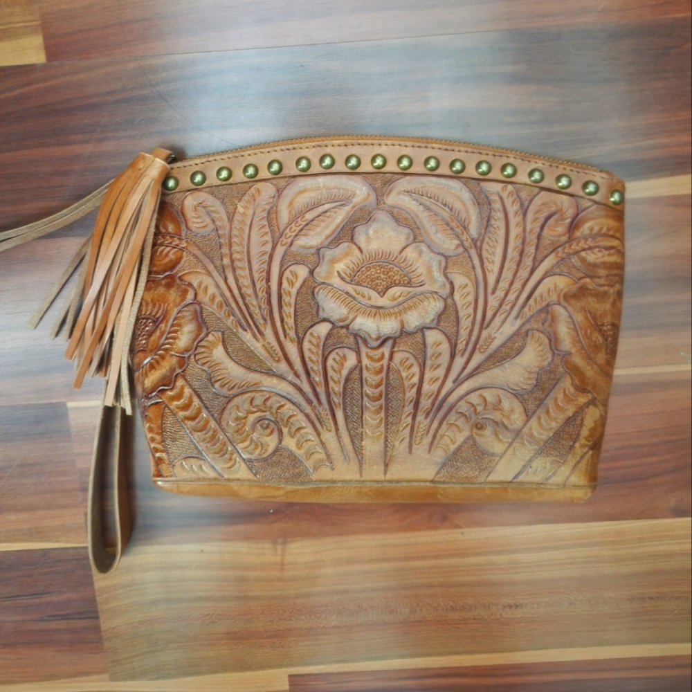 Brown Embossed Leather Clutch